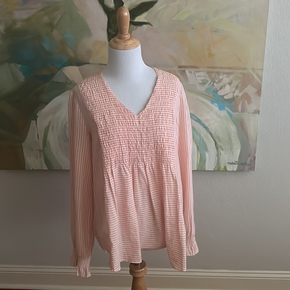Sundance Julia Peach Striped Smocked V-Neck Top Size Xs